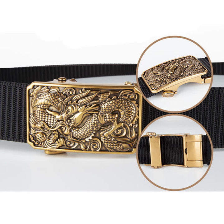 Cinturón de nailon con hebilla automática y diseño de dragón dorado en espiral para hombre