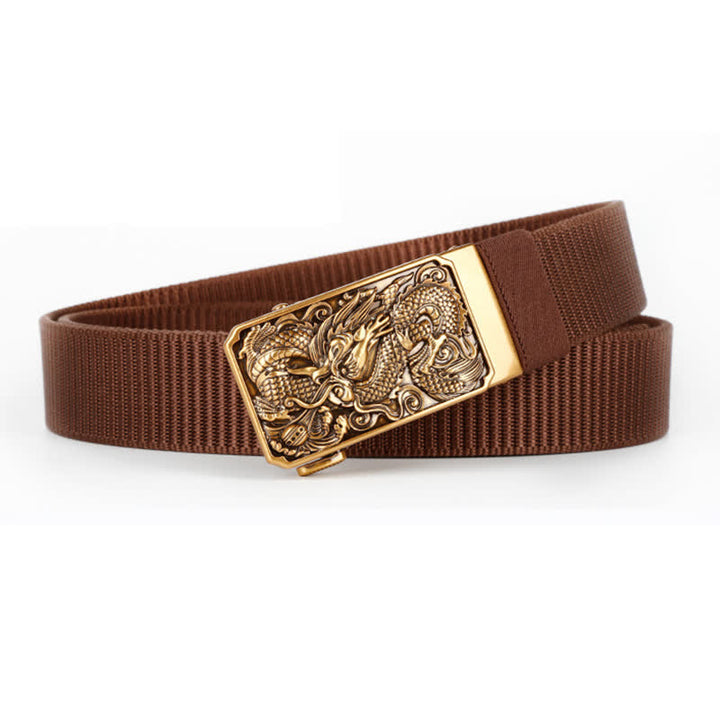 Cinturón de nailon con hebilla automática y diseño de dragón dorado en espiral para hombre