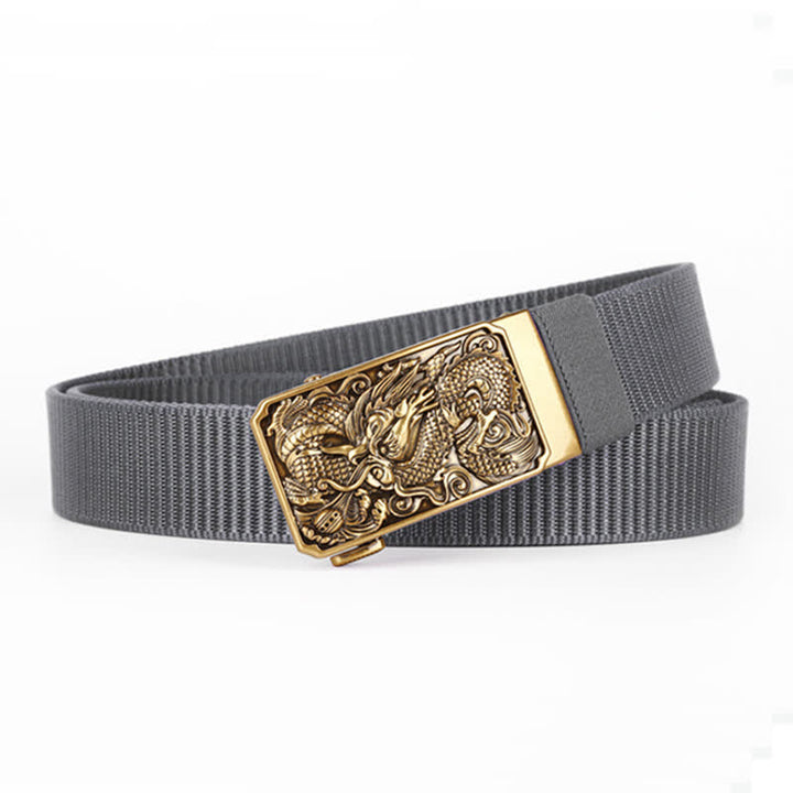Cinturón de nailon con hebilla automática y diseño de dragón dorado en espiral para hombre