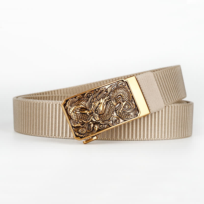 Cinturón de nailon con hebilla automática y diseño de dragón dorado en espiral para hombre