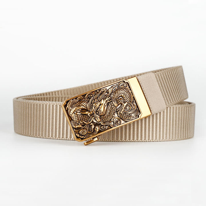 Cinturón de nailon con hebilla automática y diseño de dragón dorado en espiral para hombre