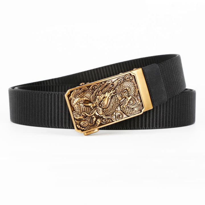 Cinturón de nailon con hebilla automática y diseño de dragón dorado en espiral para hombre