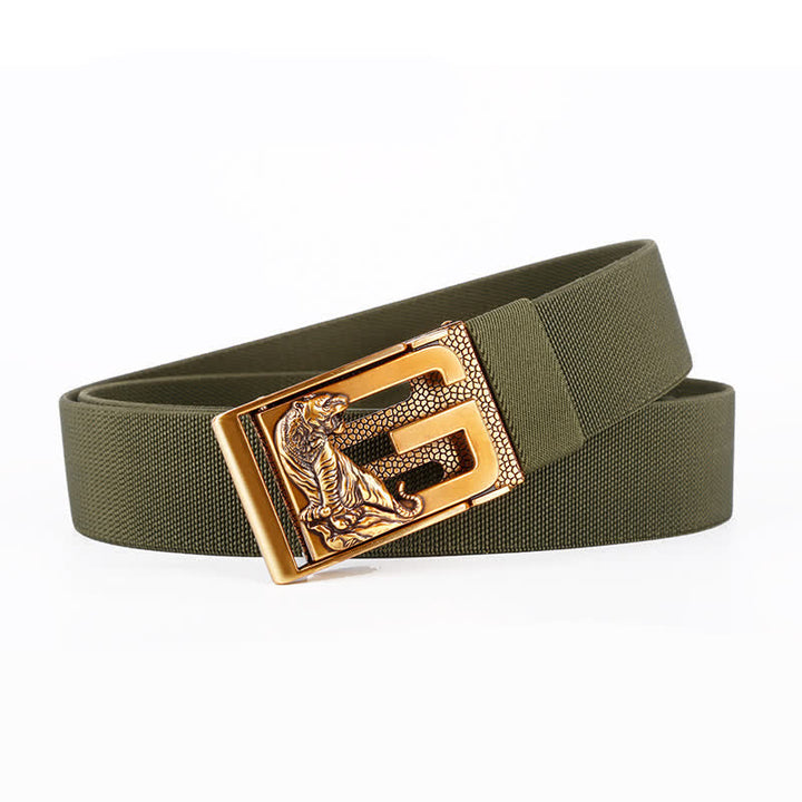 Cinturón de nailon con hebilla automática y diseño de tigre dorado para hombre