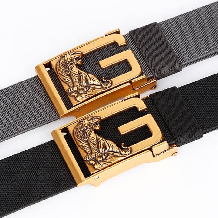 Cinturón de nailon con hebilla automática y diseño de tigre dorado para hombre