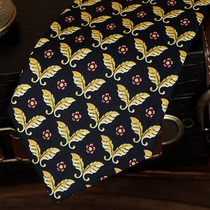 Corbata azul oscuro para hombre con motivos de flores rojas y mariposas doradas