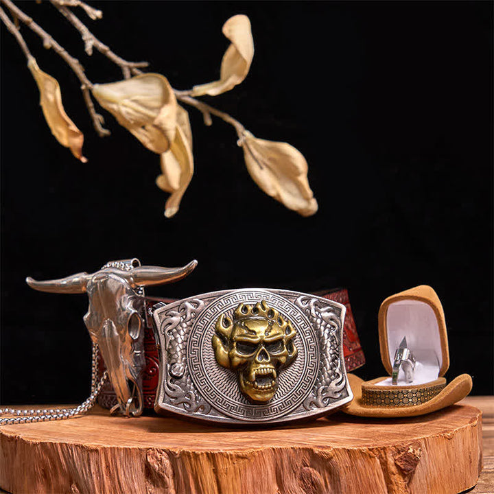 Conjunto de anillo táctico con colgante de toro y hebilla de cinturón con cuchillo oculto y calavera dorada