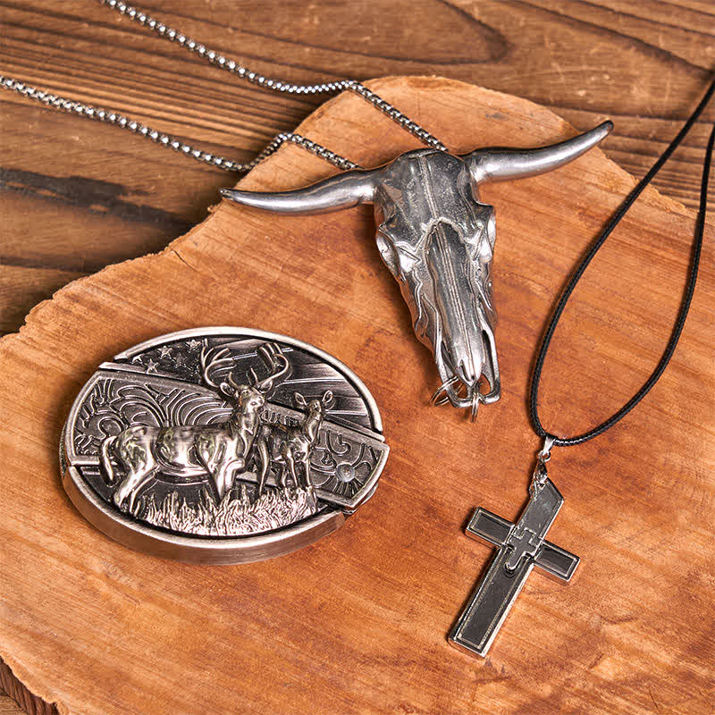 Conjunto de collar y cruz creativos con colgante de toro y hebilla de cinturón con cuchillo oculto DIY de dos ciervos