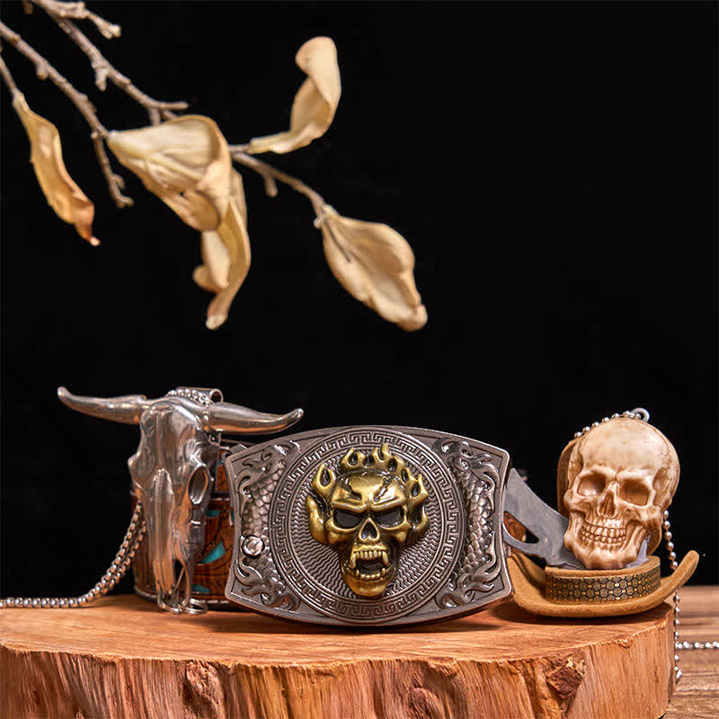 Conjunto de collar con colgante de calavera dorada y cuchillo oculto, hebilla de cinturón, bricolaje, con cabeza de toro