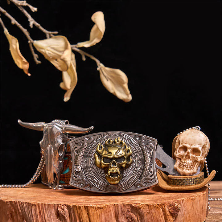Conjunto de collar con colgante de calavera dorada y cuchillo oculto, hebilla de cinturón, bricolaje, con cabeza de toro