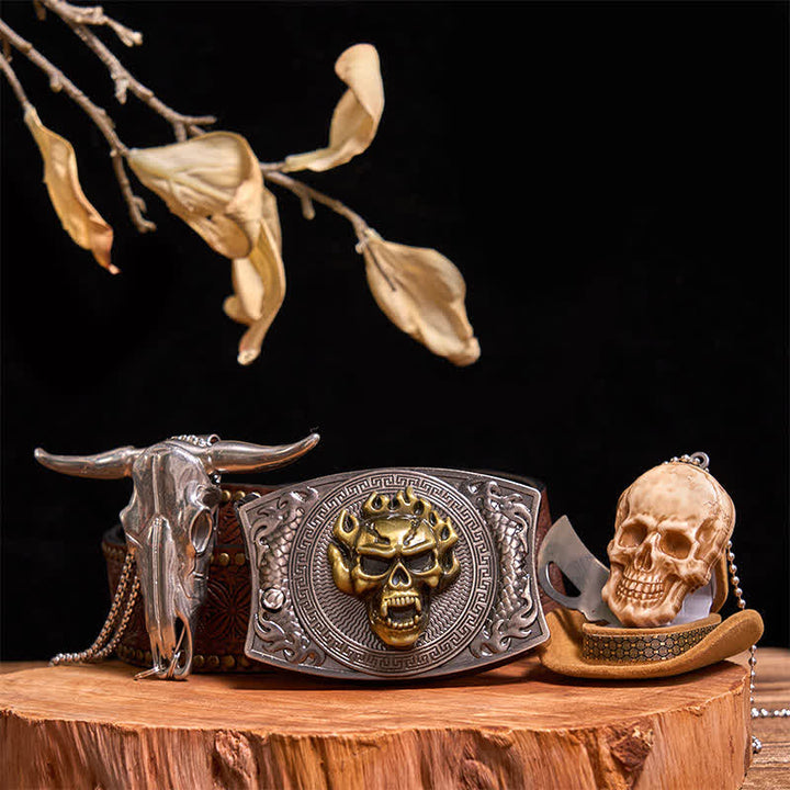 Conjunto de collar con colgante de calavera dorada y cuchillo oculto, hebilla de cinturón, bricolaje, con cabeza de toro