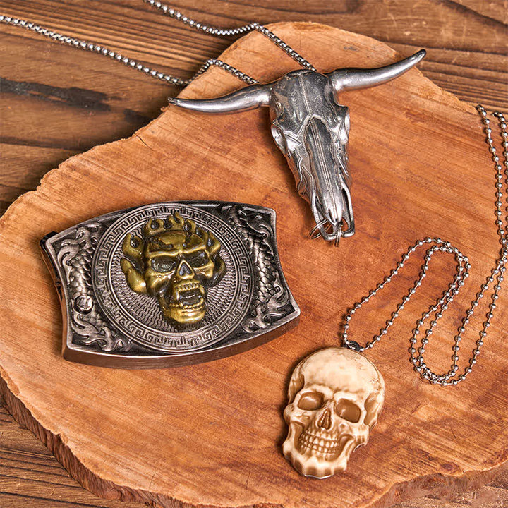 Conjunto de collar con colgante de calavera dorada y cuchillo oculto, hebilla de cinturón, bricolaje, con cabeza de toro