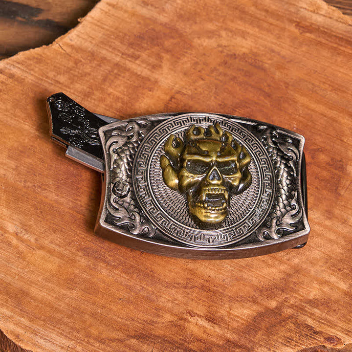 Conjunto de collar con colgante de calavera dorada y cuchillo oculto, hebilla de cinturón, bricolaje, con cabeza de toro