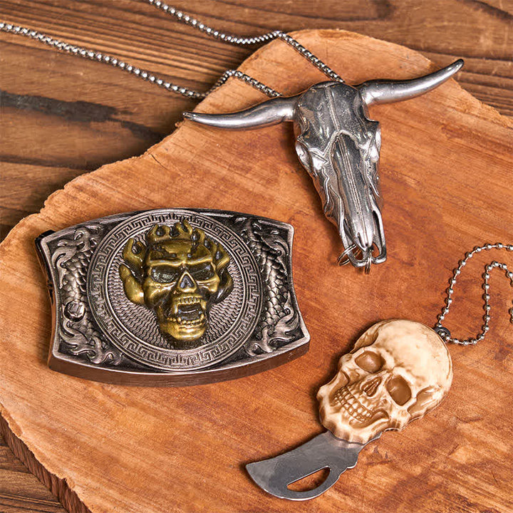 Conjunto de collar con colgante de calavera dorada y cuchillo oculto, hebilla de cinturón, bricolaje, con cabeza de toro