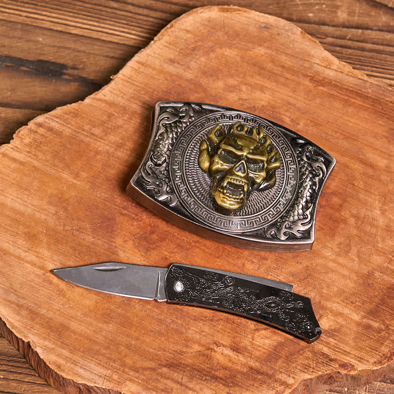 Conjunto de collar con colgante de calavera dorada y cuchillo oculto, hebilla de cinturón, bricolaje, con cabeza de toro
