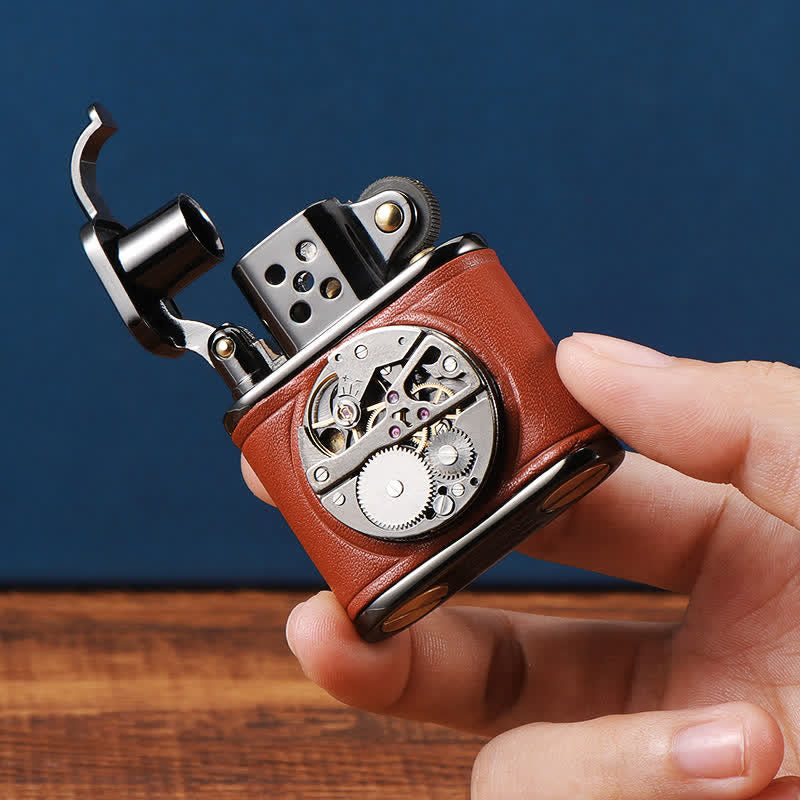 Encendedor de queroseno mecánico Steampunk de cuero antiguo con tapa