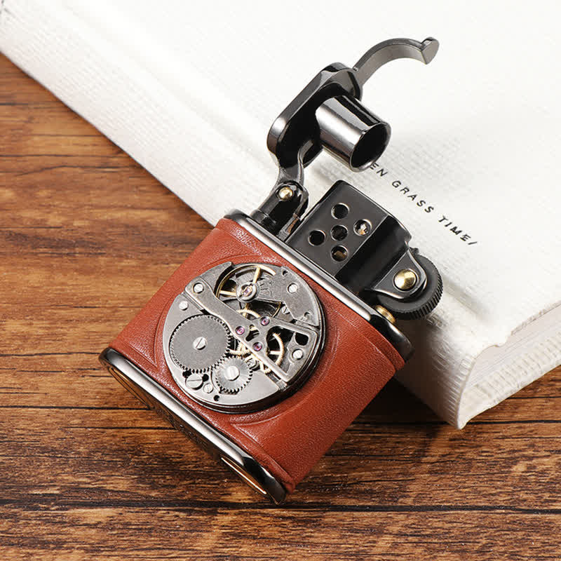 Encendedor de queroseno mecánico Steampunk de cuero antiguo con tapa