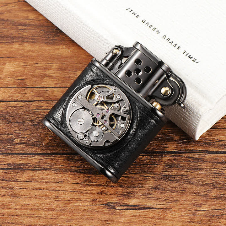 Encendedor de queroseno mecánico Steampunk de cuero antiguo con tapa