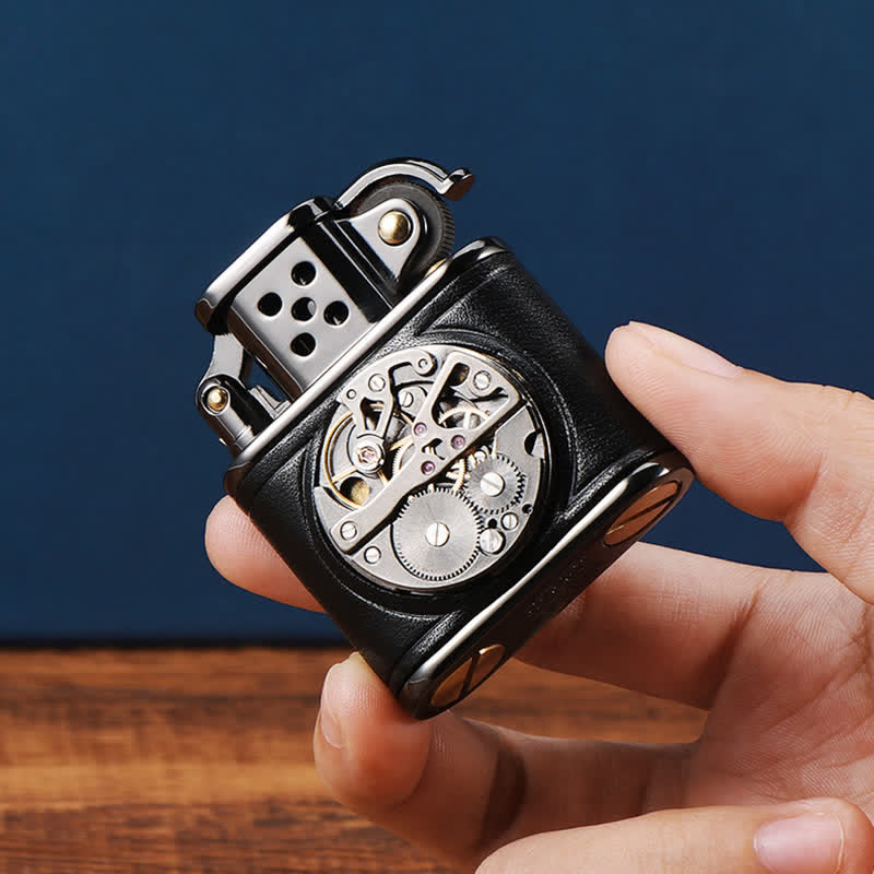 Encendedor de queroseno mecánico Steampunk de cuero antiguo con tapa