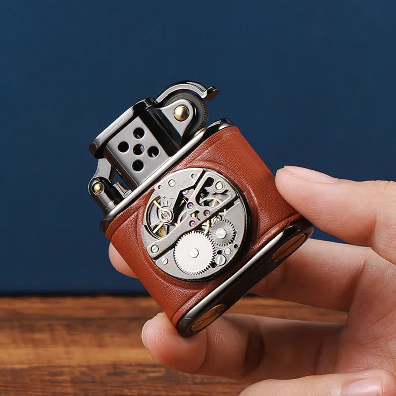 Encendedor de queroseno mecánico Steampunk de cuero antiguo con tapa
