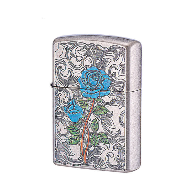 Encendedor de queroseno recargable con diseño de rosas pintadas en relieve