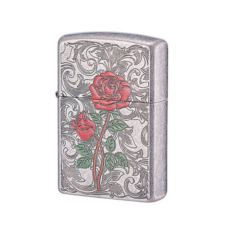 Encendedor de queroseno recargable con diseño de rosas pintadas en relieve