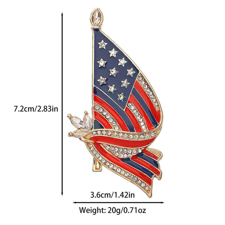 Broche patriótico con bandera estadounidense esmaltada y diamantes de imitación