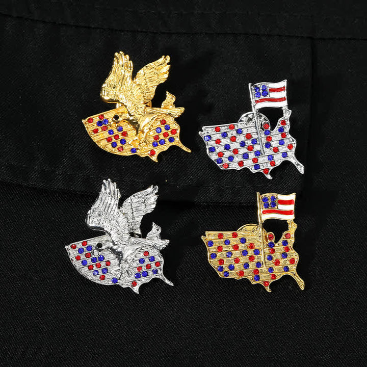 Broche patriótico con bandera estadounidense y águila de diamantes de imitación