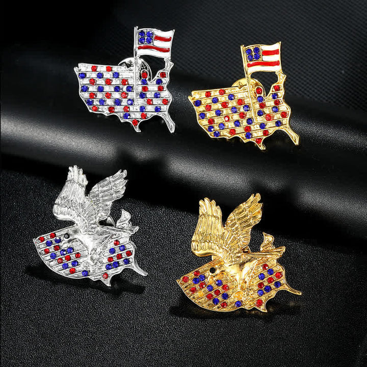 Broche patriótico con bandera estadounidense y águila de diamantes de imitación