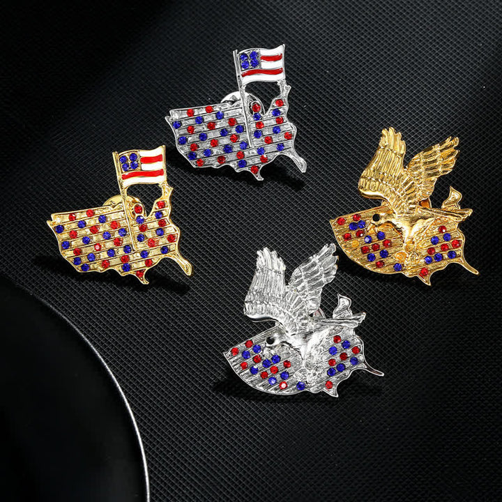 Broche patriótico con bandera estadounidense y águila de diamantes de imitación