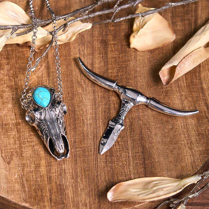 Conjunto de colgante y anillo con hebilla de cinturón con cuchillo oculto de toro de cuernos largos turquesa