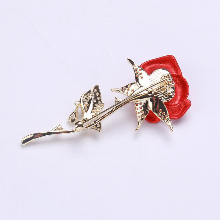 Elegante broche de circonitas en forma de rosa roja delicada