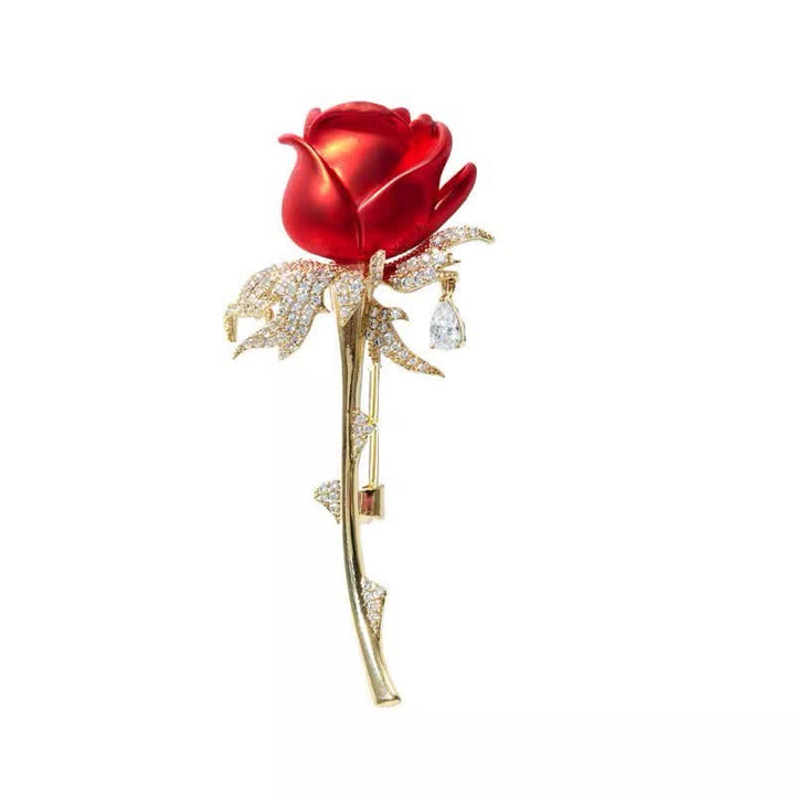 Broche encantador de rosa roja con brillantes diamantes de imitación para mujer