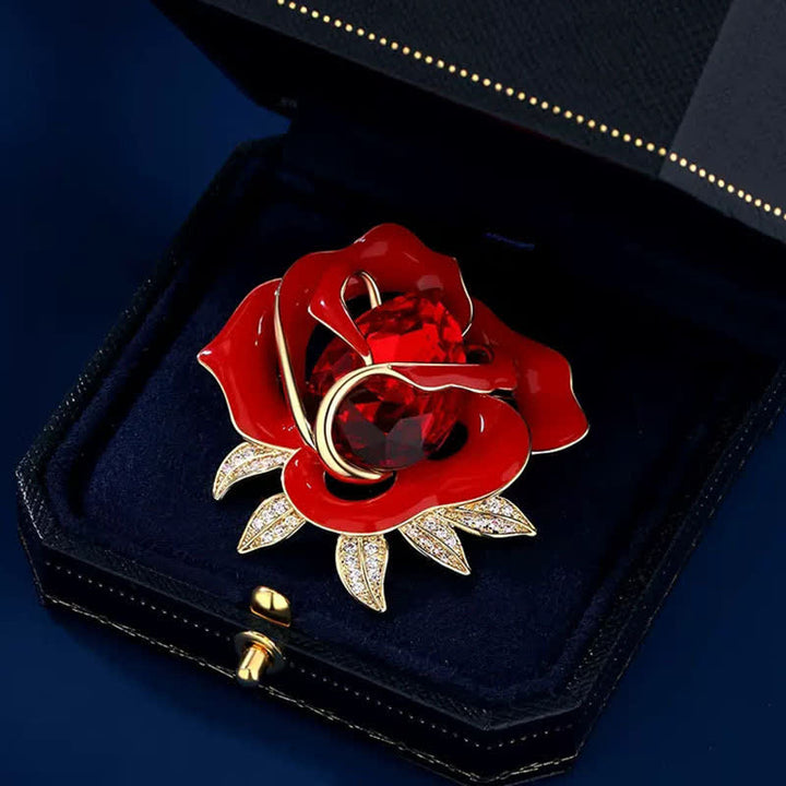 Broche elegante de capullo de rosa roja de cristal para mujer