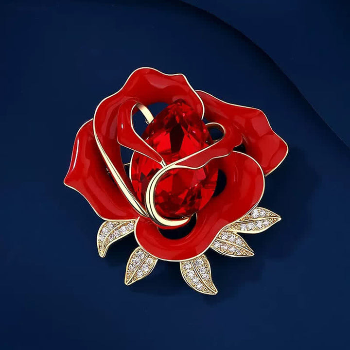 Broche elegante de capullo de rosa roja de cristal para mujer
