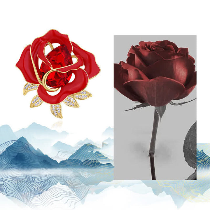 Broche elegante de capullo de rosa roja de cristal para mujer