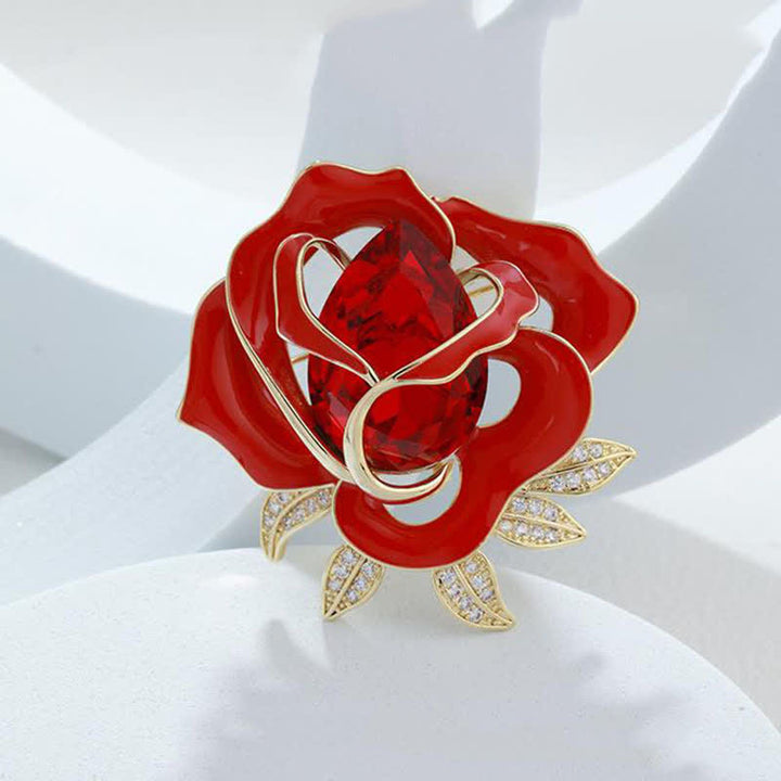 Broche elegante de capullo de rosa roja de cristal para mujer