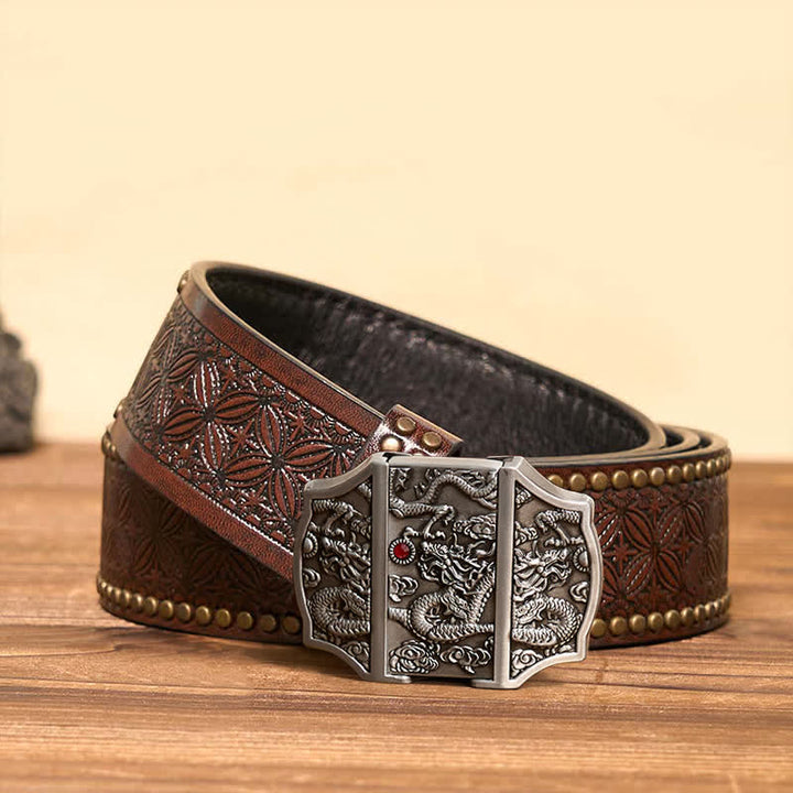 Cinturón de cuero con diseño de dragón plateado antiguo para hombre con encendedor oculto