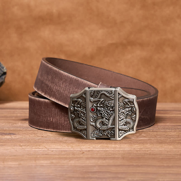Cinturón de cuero con diseño de dragón plateado antiguo para hombre con encendedor oculto