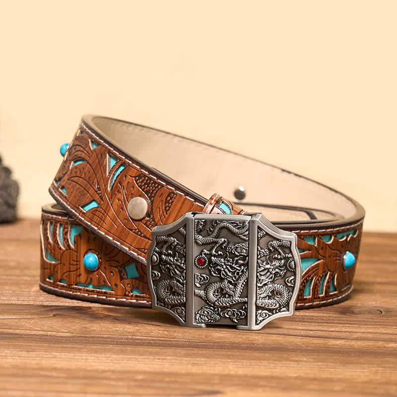 Cinturón de cuero con diseño de dragón plateado antiguo para hombre con encendedor oculto