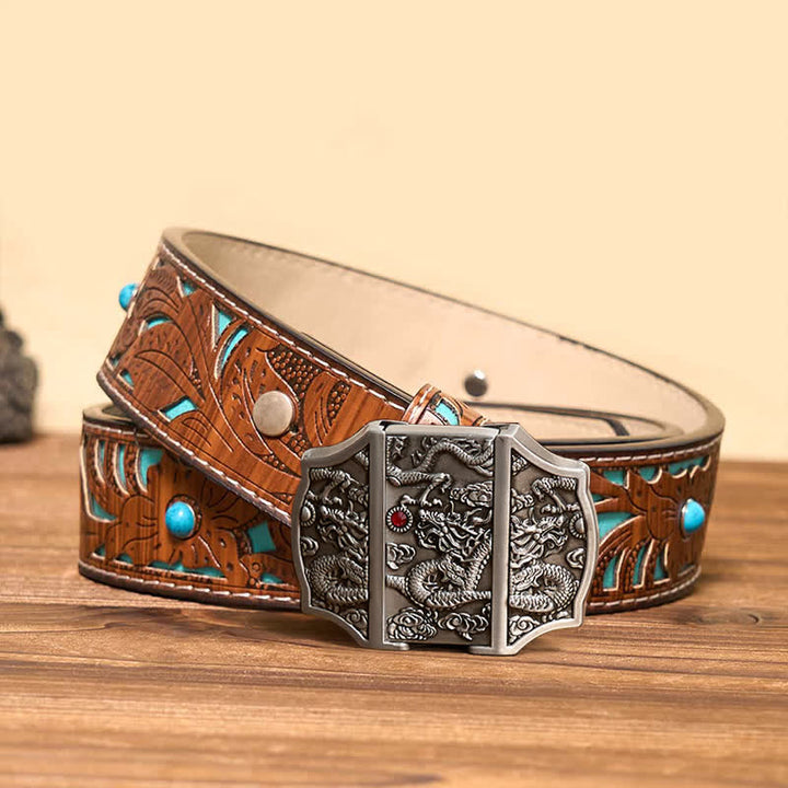 Cinturón de cuero con diseño de dragón plateado antiguo para hombre con encendedor oculto