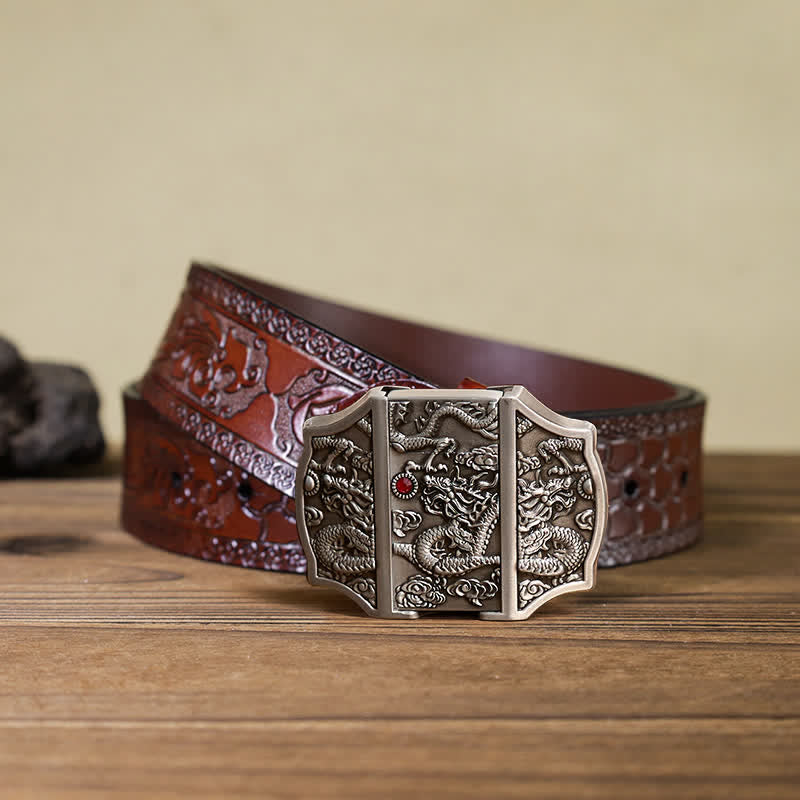 Cinturón de cuero con diseño de dragón plateado antiguo para hombre con encendedor oculto