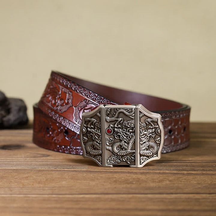 Cinturón de cuero con diseño de dragón plateado antiguo para hombre con encendedor oculto