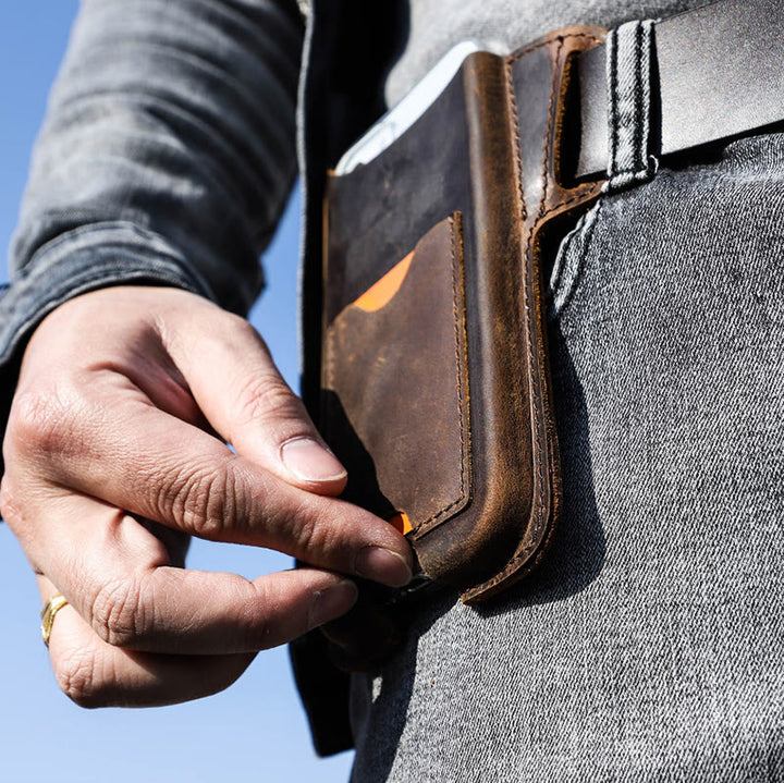 Funda de cuero para teléfono móvil versátil para colgar en la cintura
