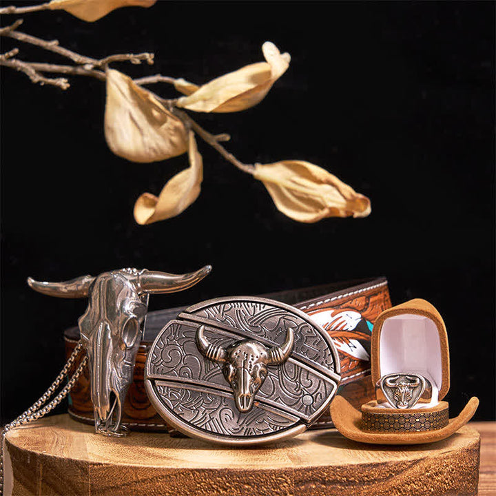 Conjunto de colgante y anillo con hebilla de cinturón con cuchillo oculto de toro Longhorn