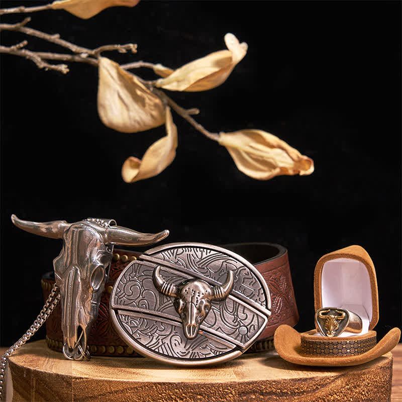 Conjunto de colgante y anillo con hebilla de cinturón con cuchillo oculto de toro Longhorn