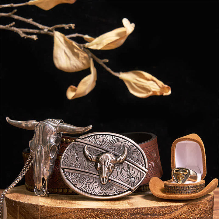 Conjunto de colgante y anillo con hebilla de cinturón con cuchillo oculto de toro Longhorn