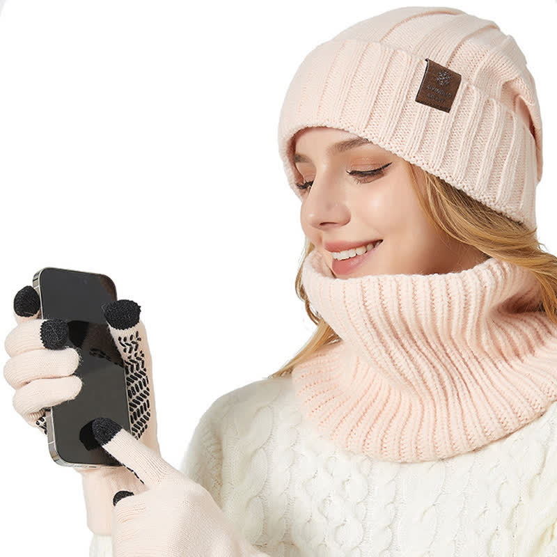 Conjunto de 3 guantes y gorro unisex de color sólido para calentar el cuello