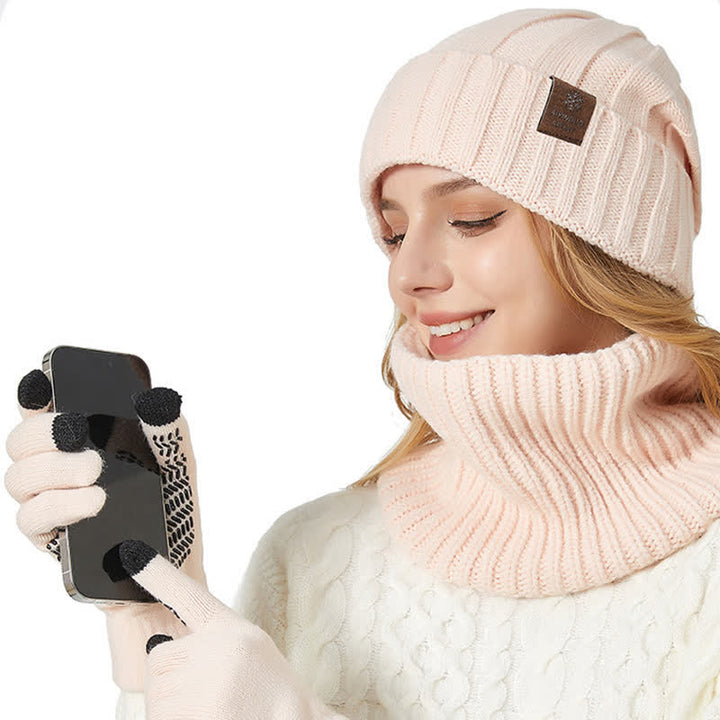 Conjunto de 3 guantes y gorro unisex de color sólido para calentar el cuello