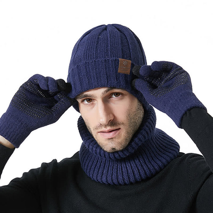 Conjunto de 3 guantes y gorro unisex de color sólido para calentar el cuello