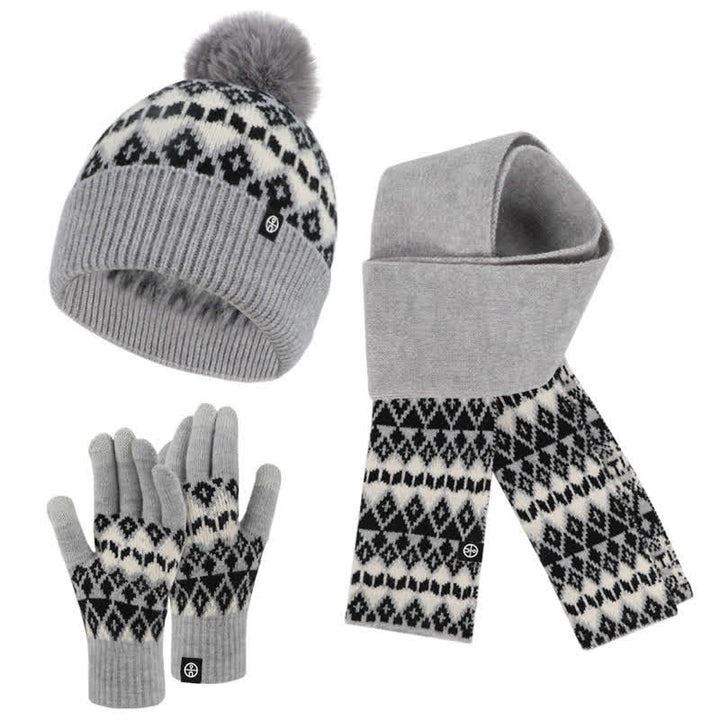 Conjunto de 3 guantes y bufanda de punto con estampado de diamantes unisex cómodos